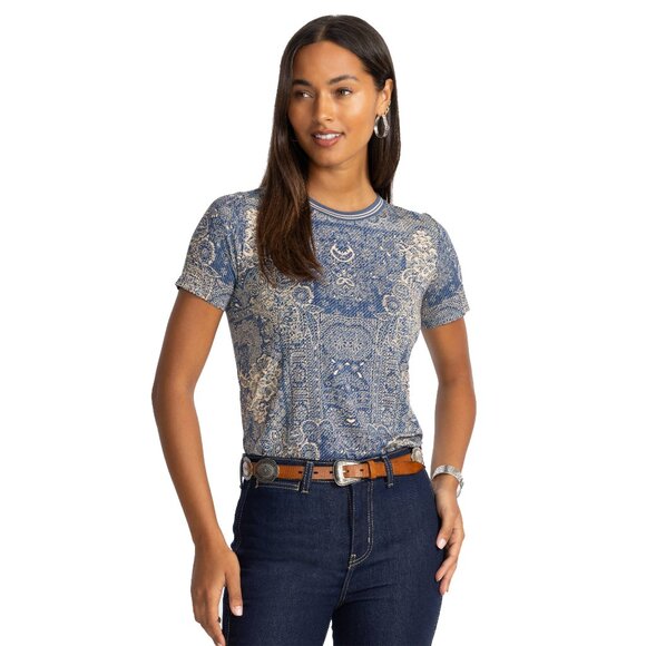 Johnny Was Janie Favorite Short Crewneck Denim Blue Embroidery Tee Shirt Top NEW - Picture 1 of 6